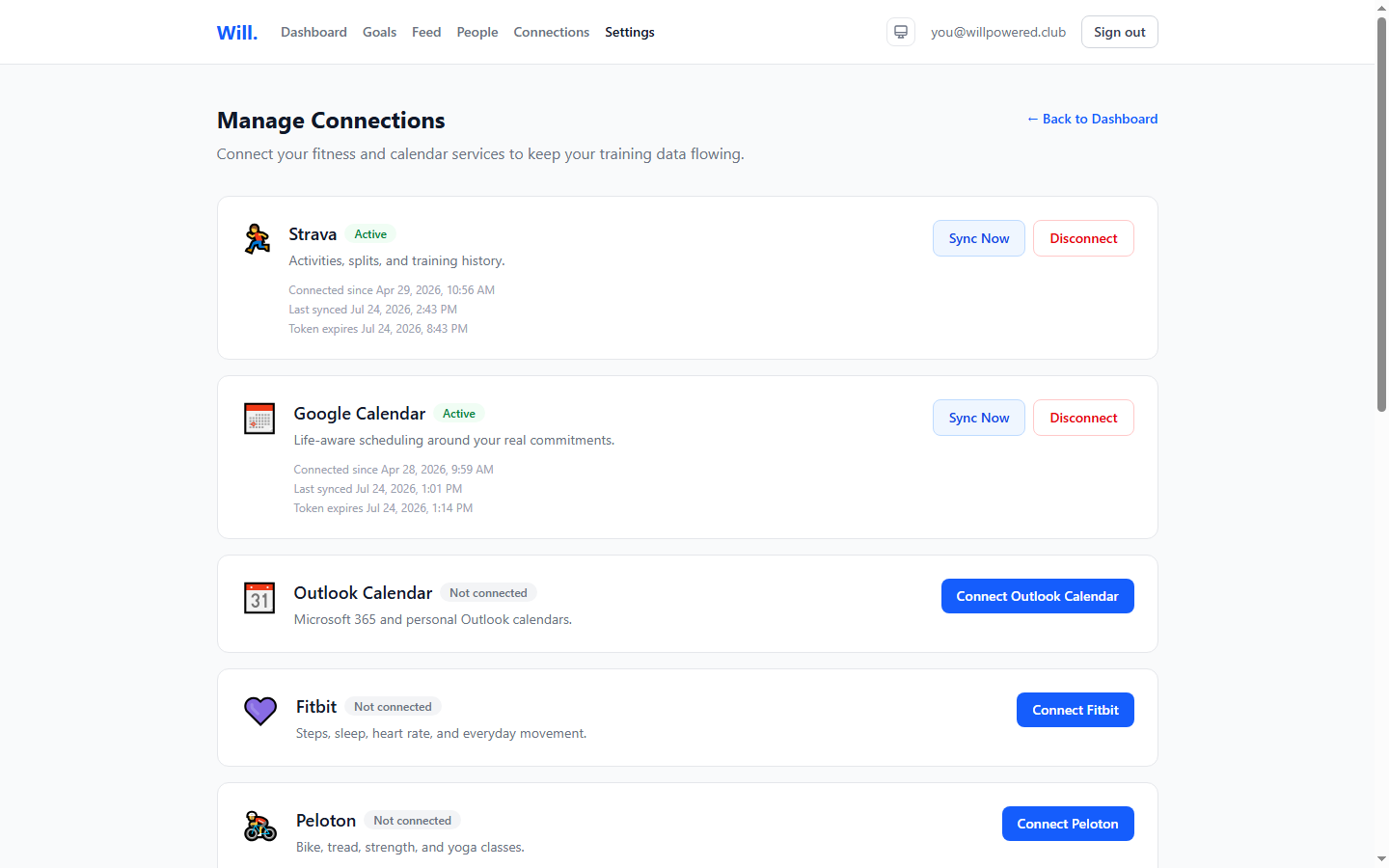 The Connections page listing Strava, Fitbit, Peloton, Concept2 and Google Calendar