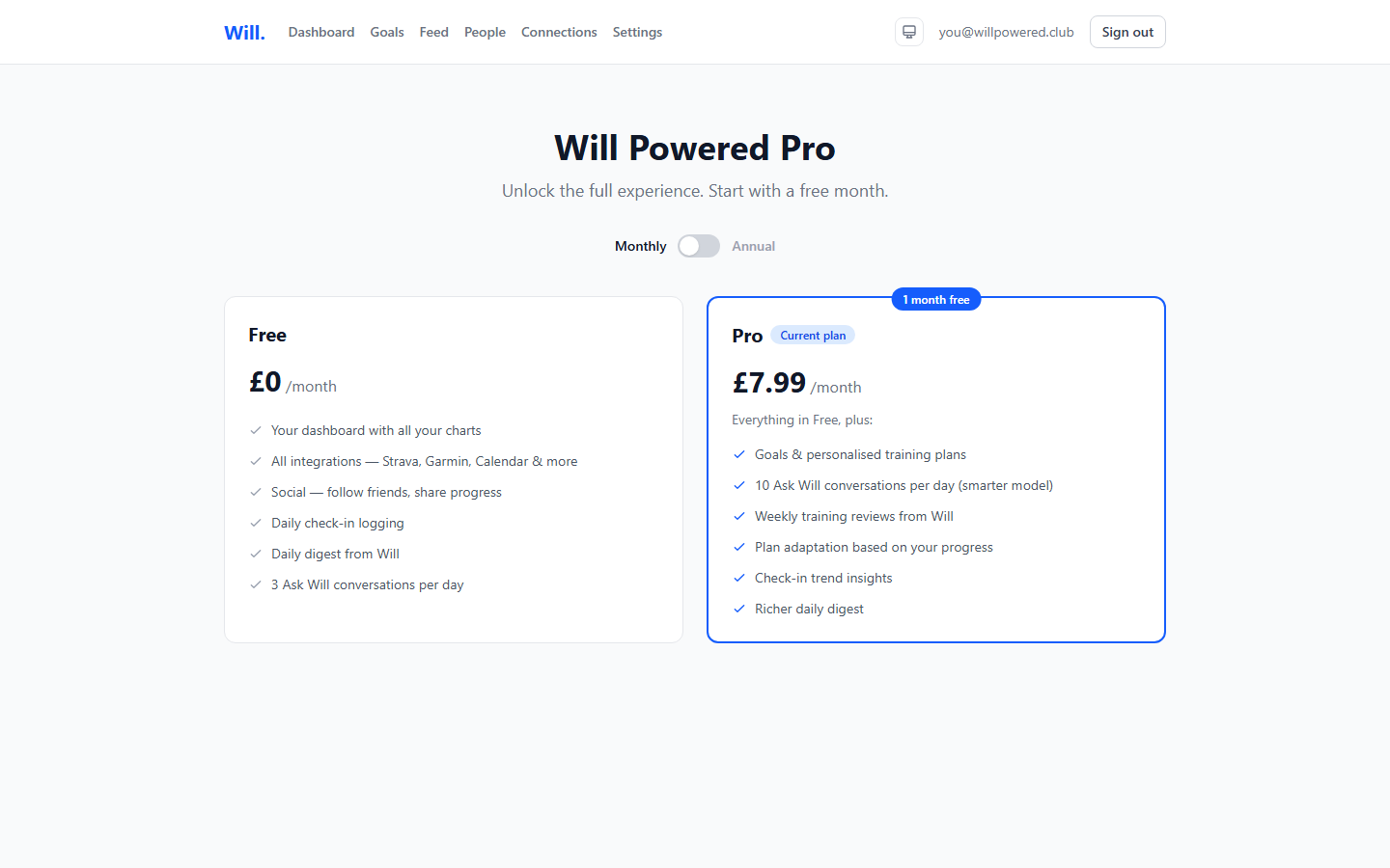 The pricing page comparing Free and Pro